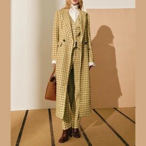 Olive Beige Yellow Houndstooth Tweed Lapel Collar Long Sleeve Midi Over Coat